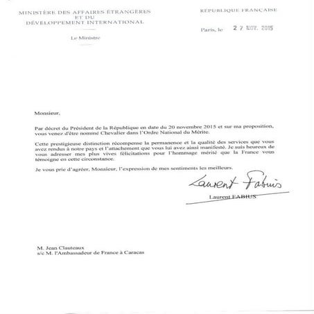 Lettres Clauteaux Chevalier de l'Ordre Lettre Lettres Ordre National du Merite