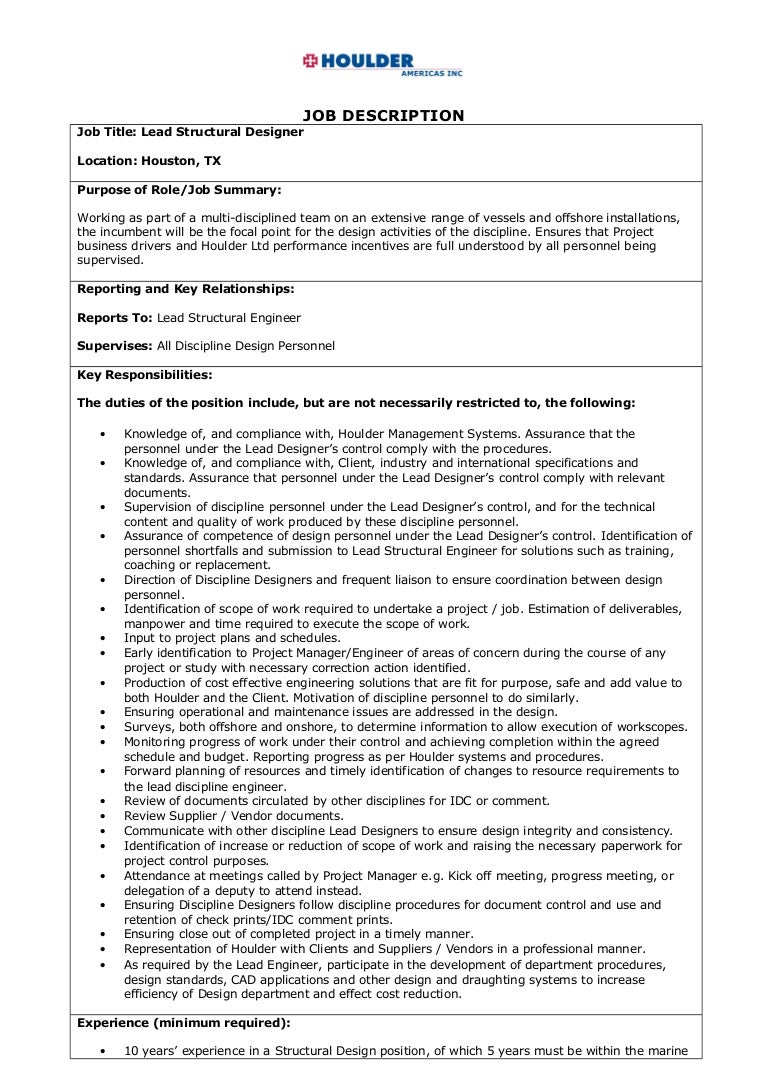 houlder lead structural designer jd doc structural engineer job description