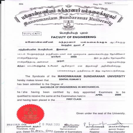 BE Degree Certificate