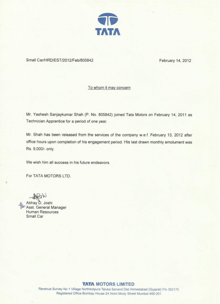 tata motors 1st year experiance certificate internship letter format