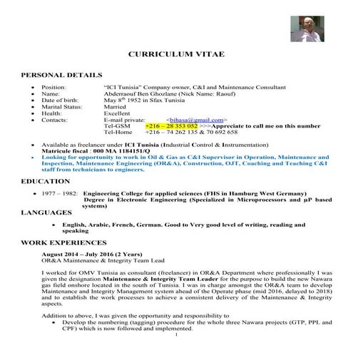 RAOUF CURRICULUM VITAE 2016 Oil & Gas