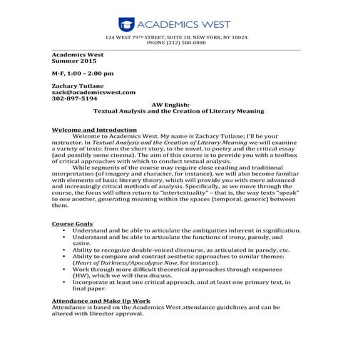 Syllabus -- Textual Analysis and Essay Construction