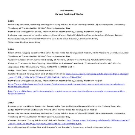 Jeni Mawter CV and Published Works 2015