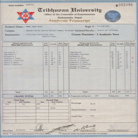 I.Sc. Academic Transcript