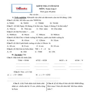 Đề số 8 kiểm tra môn Toán học kỳ 2 ...