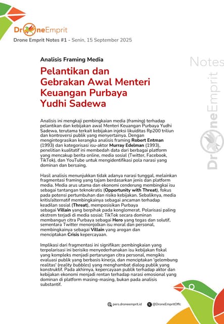 Analisis Framing Media: Pelantikan dan Gebrakan Awal Menteri Keuangan Purbaya Yudhi Sadewa