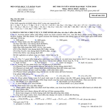 Đề thi chính thức môn Hóa - Khối A - Kỳ thi Đại học năm 2010