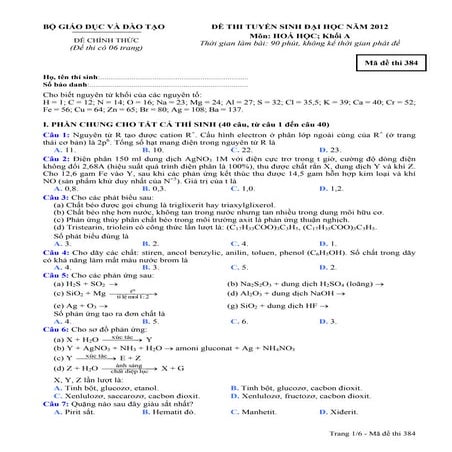 Đề thi chính thức môn Hóa - Khối A - Kỳ thi Đại học năm 2012