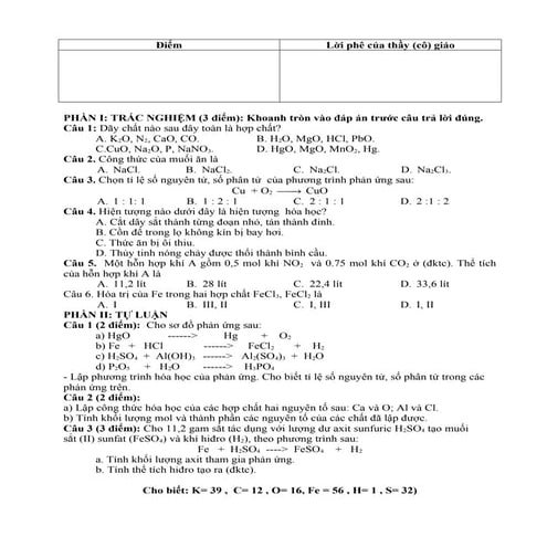 Đề kiểm tra hóa học học kỳ 1 lớp 8 đề 1