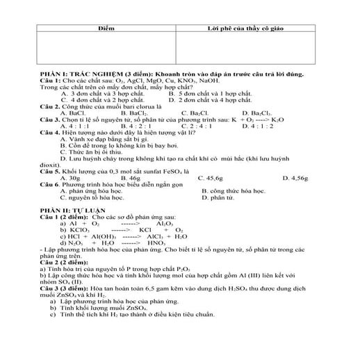  Đề kiểm tra hóa học học kỳ 1 lớp 8 đề 2