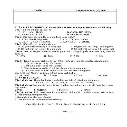  Đề kiểm tra hóa học học kỳ 2 lớp 8 đề 1