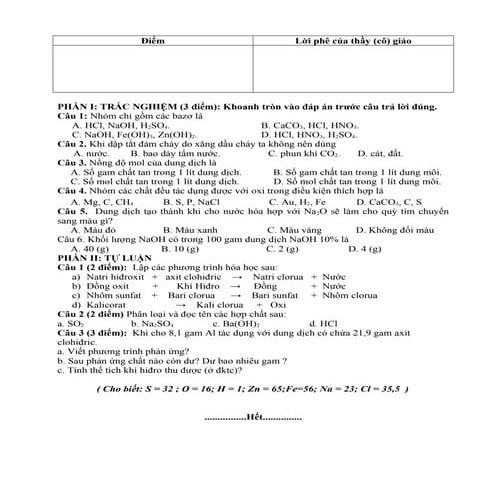  Đề kiểm tra hóa học học kỳ 2 lớp 8 đề 2