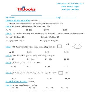 Đề kiểm tra học kỳ 1 môn Toán lớp 2...