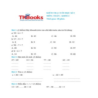 Đề kiểm tra học kỳ 1 môn Toán lớp 2...