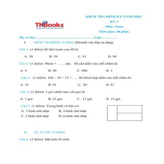 Đề kiểm tra học kỳ 1 môn Toán lớp 2...