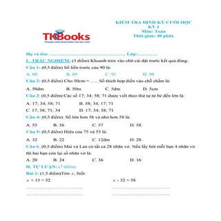 Đề kiểm tra học kỳ 1 môn Toán lớp 2...