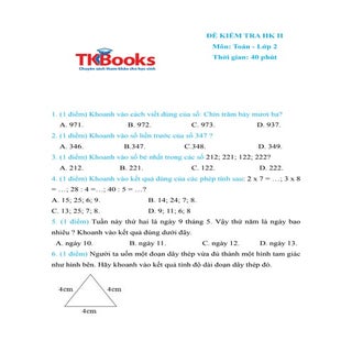 Đề kiểm tra học kỳ 2 môn Toán lớp 2...