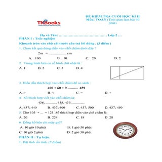 Đề kiểm tra học kỳ 2 môn Toán lớp 2...