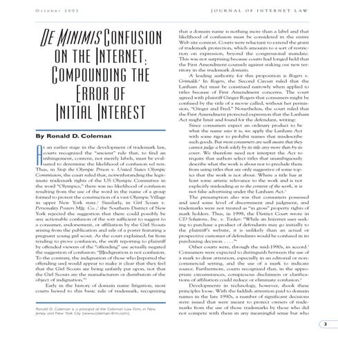 De  Minimis  Confusion On The  Internet By  Ronald  Coleman,  J.  Internet  L...