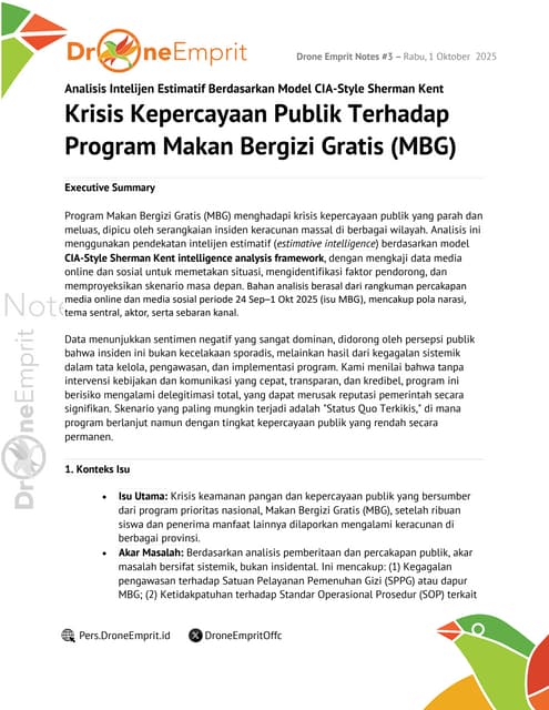 Analisis Intelijen Estimatif Berdasarkan Model CIA-Style Sherman Kent Krisis Kepercayaan Publik Terhadap Program Makan Bergizi Gratis (MBG)
