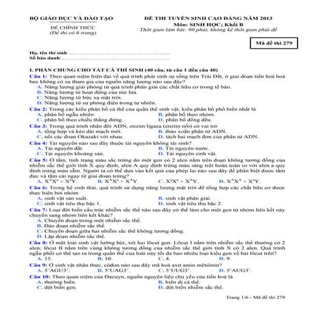 Đề thi Cao Đẳng chính thức môn Sinh khối B năm 2013