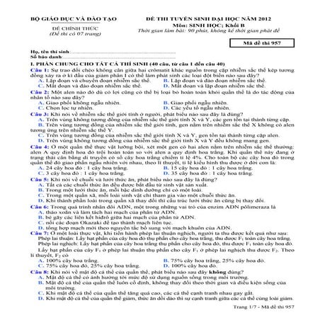 Đáp án chính thức môn Sinh - Khối B - Kỳ thi Đại học năm 2012