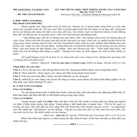 Đề thi minh họa môn Ngữ Văn THPT Quốc Gia năm 2019