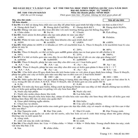 Đề thi minh họa môn Sinh học THPT Quốc Gia năm 2019