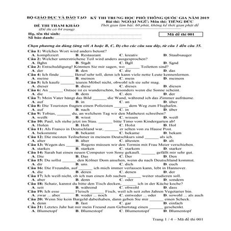 Đề thi minh họa môn tiếng Đức THPT Quốc Gia năm 2019