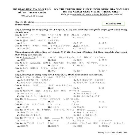 Đề thi minh họa môn tiếng Nhật THPT Quốc Gia năm 2019