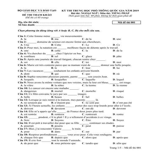 Đề thi minh họa môn tiếng Pháp THPT Quốc Gia năm 2019
