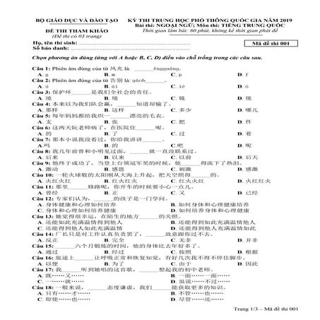 Đề thi minh họa môn tiếng Trung THPT Quốc Gia năm 2019