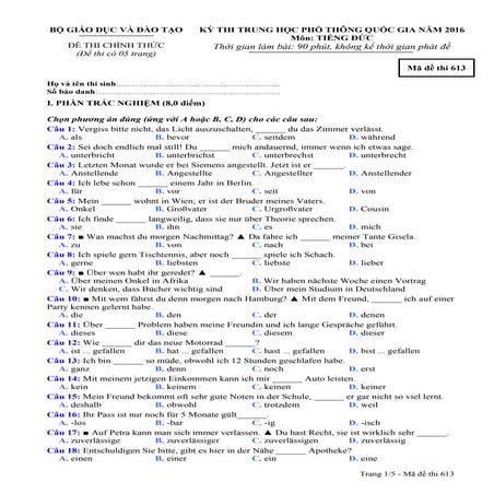 Đề thi môn Tiếng Đức THPT Quốc Gia năm 2016 mã đề 613