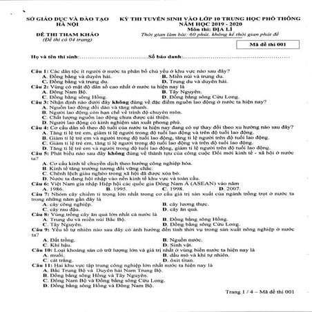 Đề thi tham khảo môn Địa Lý vào lớp 10 tại Hà Nội năm 2019