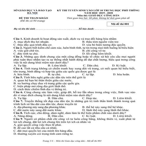 Đề thi tham khảo môn Công dân vào lớp 10 tại Hà Nội năm 2019