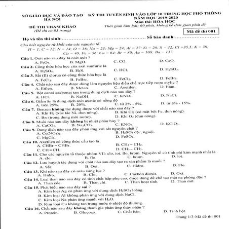 Đề thi tham khảo môn Hóa học vào lớp 10 tại Hà Nội năm 2019