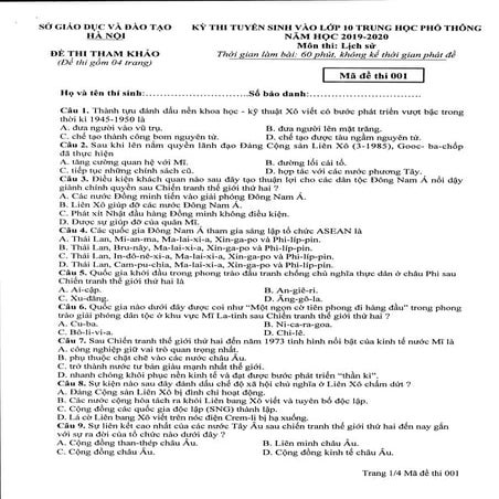 Đề thi tham khảo môn Lịch Sử vào lớp 10 tại Hà Nội năm 2019