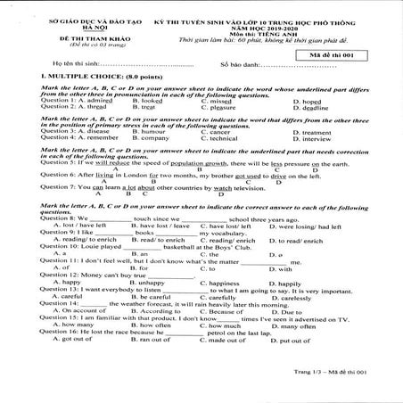 Đề thi minh họa môn tiếng Anh vào lớp 10 tại Hà Nội năm 2019