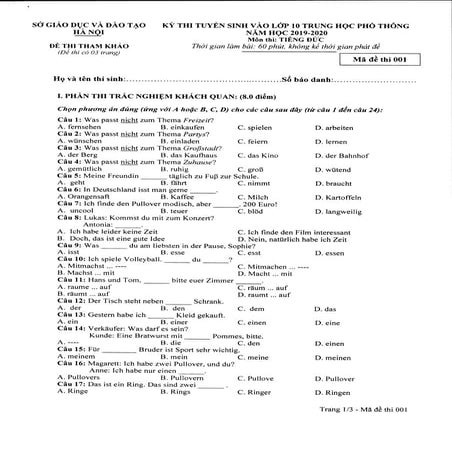 Đề thi minh họa môn tiếng Đức vào lớp 10 tại Hà Nội năm 2019