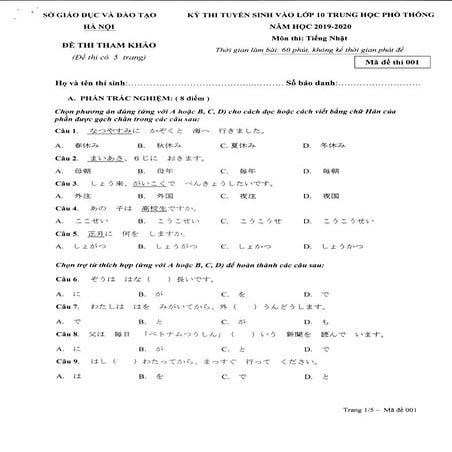 Đề thi minh họa môn tiếng Nhật vào lớp 10 tại Hà Nội năm 2019