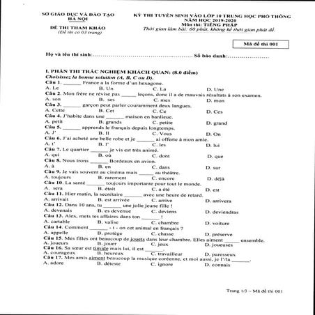 Đề thi minh họa môn tiếng Pháp vào lớp 10 tại Hà Nội năm 2019