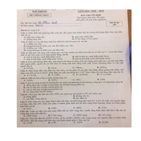 Đề thi vào lớp 10 môn tổ hợp tại Hải Phòng năm 2019