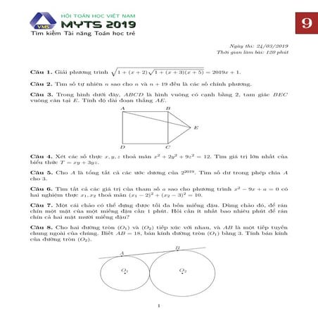 Đề thi VMTC lớp 9 năm 2019 (Thách thức Tài năng Toán học Việt Nam năm ...