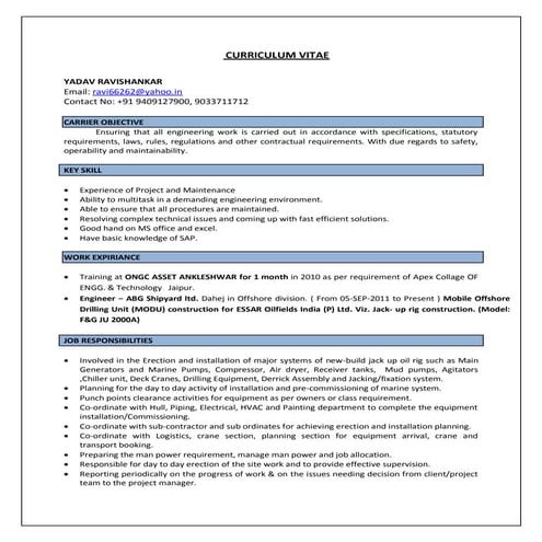 SUPERVISOR CV for ONSHORE and OFFSHORE MECHANICAL, MANTENANCE ...