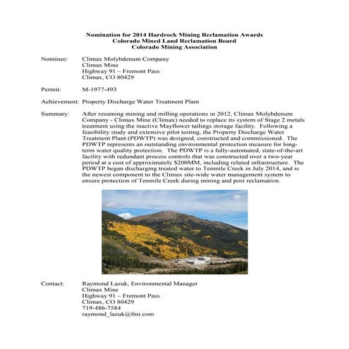 Climax Nomination for 2014 Hardrock Mining Reclamation Awards