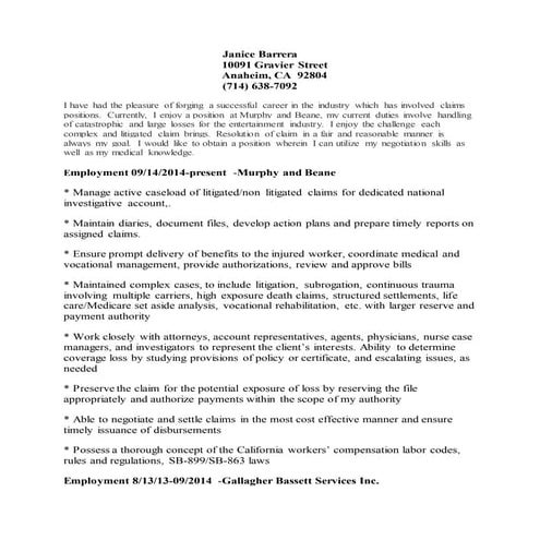 Resume Sample - Workers Compensation Claims | DOCX
