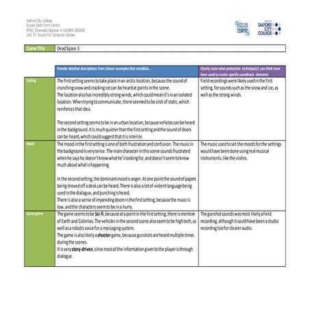 Dead space 3   sound design in computer games analysis work sheet