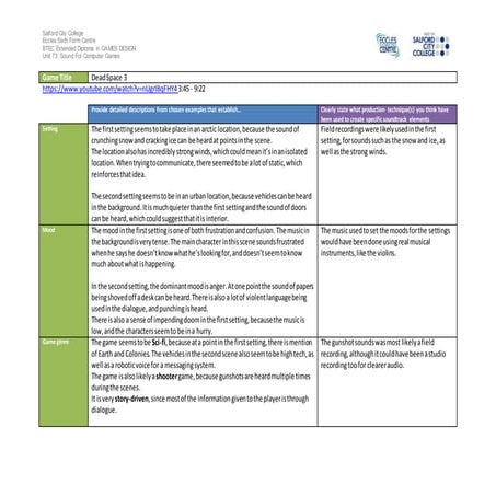 Dead space 3   sound design in computer games analysis work sheet
