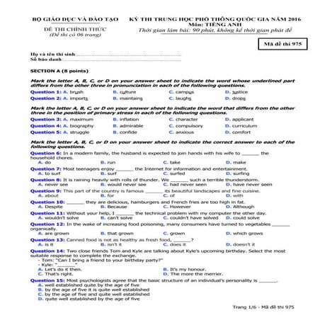 Đề thi trung học phổ thông quốc gia môn tiếng Anh năm 2016