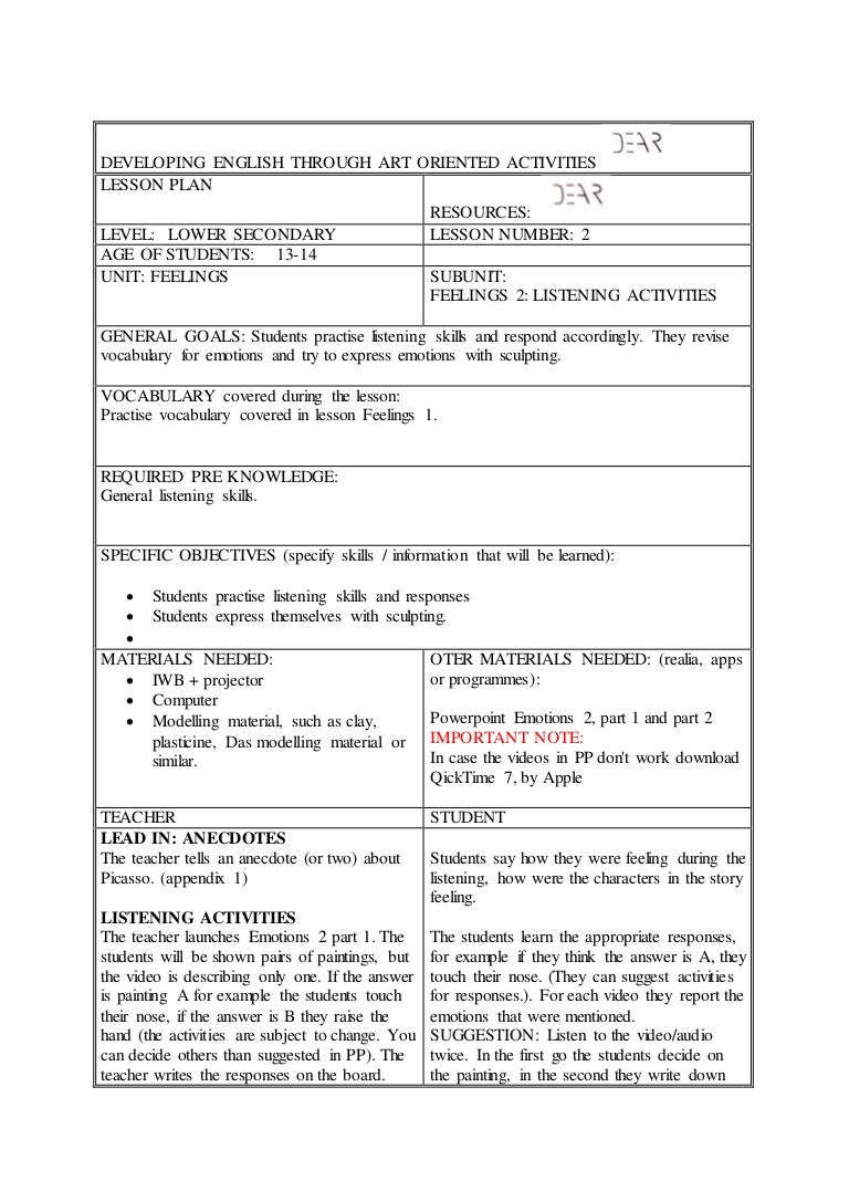 Dear lesson plan feelings 2